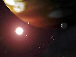 ภาพวาดดาว กลีส 876 (Gliese 876) เป็นดาวแคระแดง ซึ่งเป็นดาวที่มีอุณหภูมิต่ำกว่าและจางกว่าดวงอาทิตย์  และเป็นดาวส่วนใหญ่ในทางช้างเผือก นักดาราศาสตร์พบว่าดาวชนิดนี้มักเป็นดาวเดี่ยวมากกว่าดาวคู่ (ภาพจาก NASA , G. Bacon (STScI))