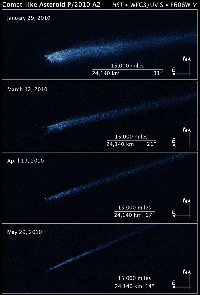 ภาพวัตถุประหลาดคล้ายดาวหาง ถ่ายโดยกล้องโทรทรรศน์อวกาศฮับเบิลในช่วงเวลา 5 เดือนเศษ ตั้งแต่เดือนมกราคมถึงพฤษภาคม 2553 ด้วยกล้องมุมกว้าง 3 แสดงรูปร่างแปลกประหลาดของซาก ซึ่งน่าเชื่อได้ว่าเกิดจากดาวเคราะห์น้อยชนกัน 