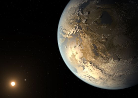 ภาพวาดในจินตนาการของเคปเลอร์-186 เอฟ (Kepler-186f) ดาวเคราะห์ต่างระบบขนาดเท่าโลกที่โคจรในเขตเอื้ออาศัย 