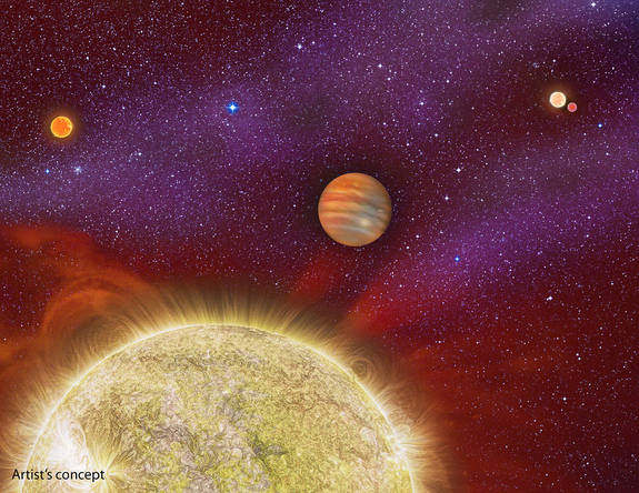ภาพระบบดาวเคราะห์ที่มีดาวฤกษ์สี่ดวงตามจินตนาการของศิลปิน 