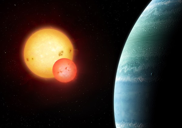 ภาพในจินตนาการของศิลปินของดาวเคปเลอร์-453 บี (Kepler-453b) เป็นดาวเคราะห์ของดาวฤกษ์สองดวง 
