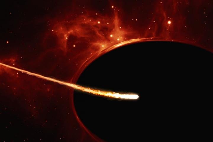 ภาพวาดตามจินตนาการของศิลปิน แสดงถึงดาวฤกษ์มวลระดับดวงอาทิตย์ดวงหนึ่งเข้ามาใกล้หลุมดำยักษ์ที่หมุนรอบตัวเองอย่างรวดเร็ว ความโน้มถ่วงของหลุมดำยักษ์ที่มีมวลระดับ 100 ล้านเท่าของดวงอาทิตย์ได้ฉีกดาวฤกษ์นั้นจนยืดออกเป็นสาย แรงอัดและความร้อนที่เกิดขึ้นในเนื้อดาวฤกษ์ได้ทำให้เกิดแสงสว่างเจิดจ้าเป็นปรากฏการณ์อัสแซสซิน-15 แอลเอช (ASASSN-15lh)