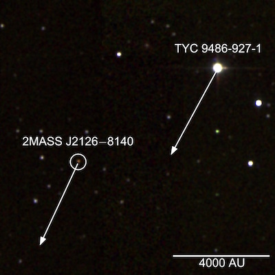 ภาพสีแปลงของดาวเคราะห์ชื่อ 2 แมส เจ 2126 (2MASS J2126) และดาวฤกษ์ชื่อ ทีวายซี 9486-927-1 (TYC 9486-927-1) ลูกศรแสดงทิศทางการเคลื่อนที่ในอวกาศ 