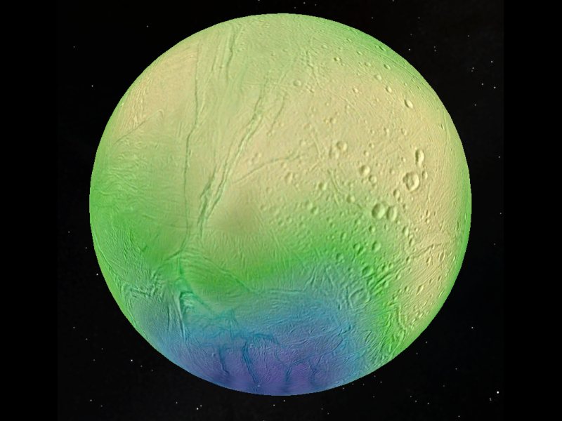 ภาพดวงจันทร์เอนเซลาดัส <wbr>แสดงความหนาของผิวน้ำแข็ง <wbr>โดยใช้ข้อมูลที่ได้จากยานแคสซีนี <wbr>บริเวณสีเหลือง <wbr>ซึ่งพาดผ่านเขตศูนย์สูตรมีความหนาประมาณ <wbr>35 <wbr>กิโลเมตร <wbr>ส่วนบริเวณสีน้ำเงิน <wbr>ซึ่งเป็นบริเวณขั้วดวงจันทร์ <wbr>มีความหนาเพียงไม่ถึง <wbr>5 <wbr>กิโลเมตร<br />
