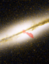 ภาพลำคลื่นวิทยุส่วนใน ของดาราจักร 0313-192 ภาพลำสีแดงถ่ายในย่านวิทยุ ซ้อนกับภาพของดาราจักรที่ถ่ายในย่านแสงขาว (ภาพจาก NASA / NRAO / AUI / NSF / W. Keel (University of Alabama, Tuscaloosa))