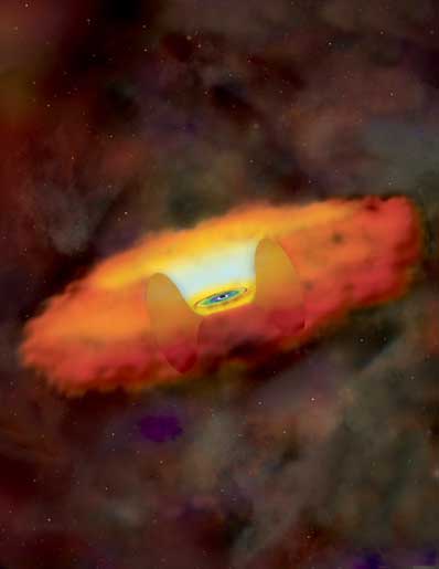 ภาพวาดของศิลปินแสดงโครงสร้างภายนอกหลุมดำ หลุมดำมีจานของก๊าซล้อมรอบ ก๊าซในจานนี้ร้อนจัดและแผ่รังสีเอกซ์ จึงสามารถตรวจจับได้โดยกล้องรังสีเอกซ์ (CXC/M.Weiss)