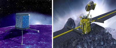 ซ้าย: <wbr>ยานโรเซตตา <wbr>(Rosetta) <wbr>ขององค์การอวกาศยุโรป <wbr>(European <wbr>Space <wbr>Agency) <wbr>จะปล่อยยานลูกลงจอดบนหัวของดาวหาง <wbr>46P/Wirtanen <wbr>ในปี <wbr>2555 <wbr>ขวา: <wbr>ยานแชมโปเลียนขององค์การนาซา <wbr>ยานสำรวจดาวหาง <wbr>9P/Tempel <wbr>1 <wbr>ถูกยกเลิกไปแล้วเนื่องจากขาดงบประมาณ<br />
