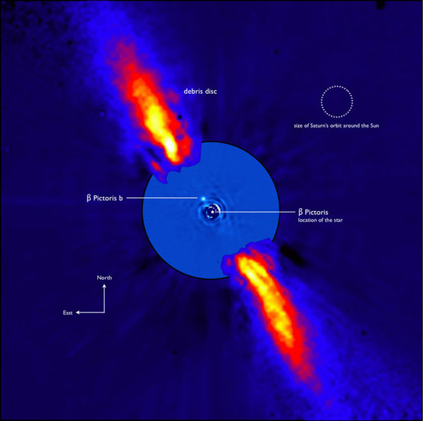 ดาวบีตาขาตั้งภาพบี <wbr>(จุดเล็กสีขาว) <wbr>บริวารของดาวบีตาขาตั้งภาพ <wbr>(มีวงกลมทึบสีดำบังอยู่) <wbr>ถ่ายโดยกล้องขนาด <wbr>3.6 <wbr>เมตรของหอดูดาวยุโรปซีกใต้และอุปกรณ์นาโคที่ติดอยู่บนกล้องวีแอลทีขนาด <wbr>8.2 <wbr>เมตร<br />
