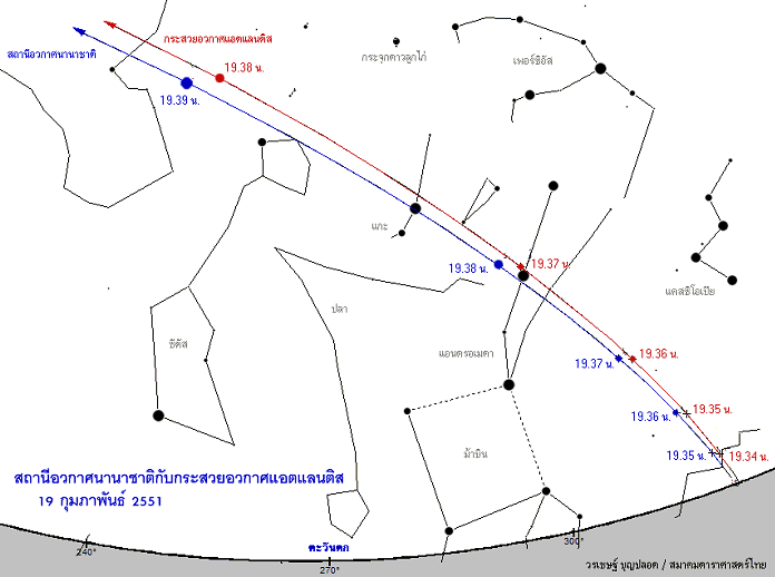 เส้นทางการเคลื่อนที่ของสถานีอวกาศนานาชาติและกระสวยอวกาศแอตแลนติสขณะผ่านท้องฟ้ากรุงเทพฯ ในวันที่ 19 กุมภาพันธ์ 2551