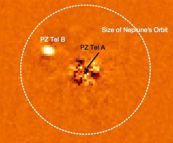 ดาว พีแซดเทลเอ (PZ Tel A) และดาวแคระน้ำตาล พีแซดเทลบี (PZ Tel B) แสงจ้าของดาวฤกษ์ที่กลางภาพถูกลบออกด้วยเทคนิคพิเศษ วงเส้นสีขาวแสดงขาวของวงโคจรดาวเนปจูน เพื่อเปรียบเทียบขนาด 