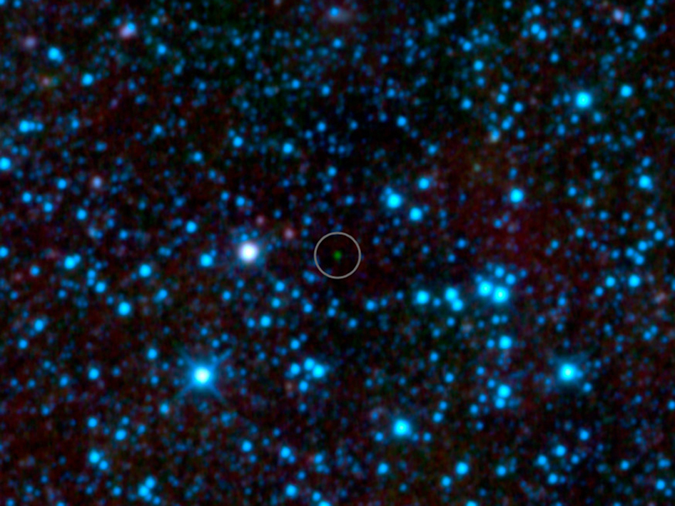 ภาพจากดาวเทียมไวส์ (WISE -- Wide-field Infrared Survey Explorer) จุดสีเขียวเกือบกลางภาพคือดาวแคระน้ำตาล 
