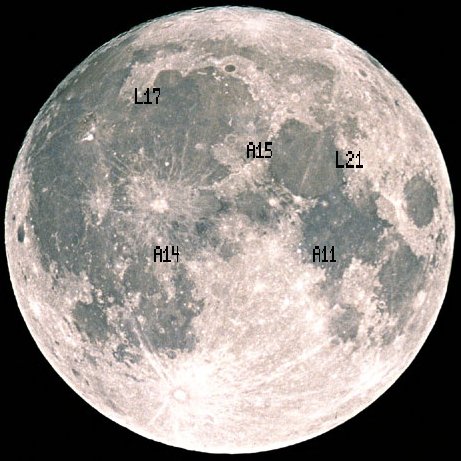 ตำแหน่งบนดวงจันทร์ที่มีชุดสะท้อนแสงติดตั้งไว้ จุดเอ คือจุดที่ยานอะพอลโลลงจอด จุดแอลคือจุดที่ยานลูโนฮอดของโซเวียตลงจอด