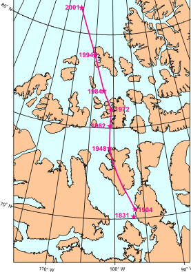 การเปลี่ยนตำแหน่งของขั้วเหนือแม่เหล็กโลกบริเวณเขตขั้วโลกเหนือในแคนาดาตั้งแต่ปี 2374 ถึงปี 2544