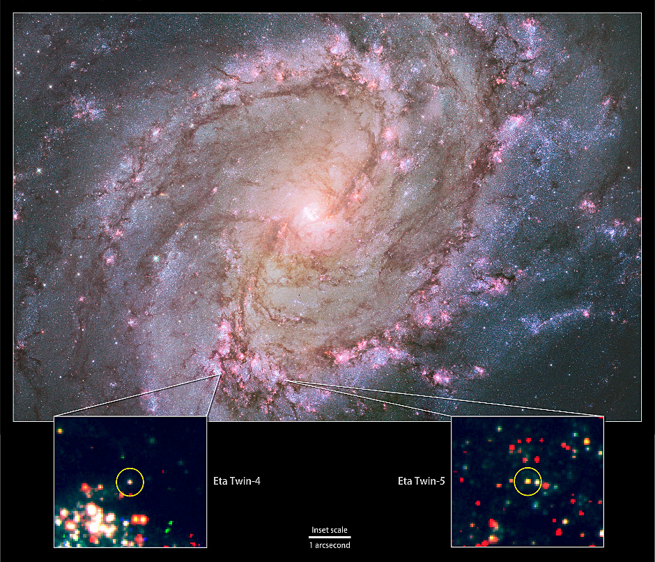 ดาราจักรเอ็ม 83 (M83) ถ่ายโดยกล้องโทรทรรศน์อวกาศฮับเบิล กรอบย่อยด้านใต้ภาพแสดงตำแหน่งที่พบแฝดอีตากระดูกงูเรือ 