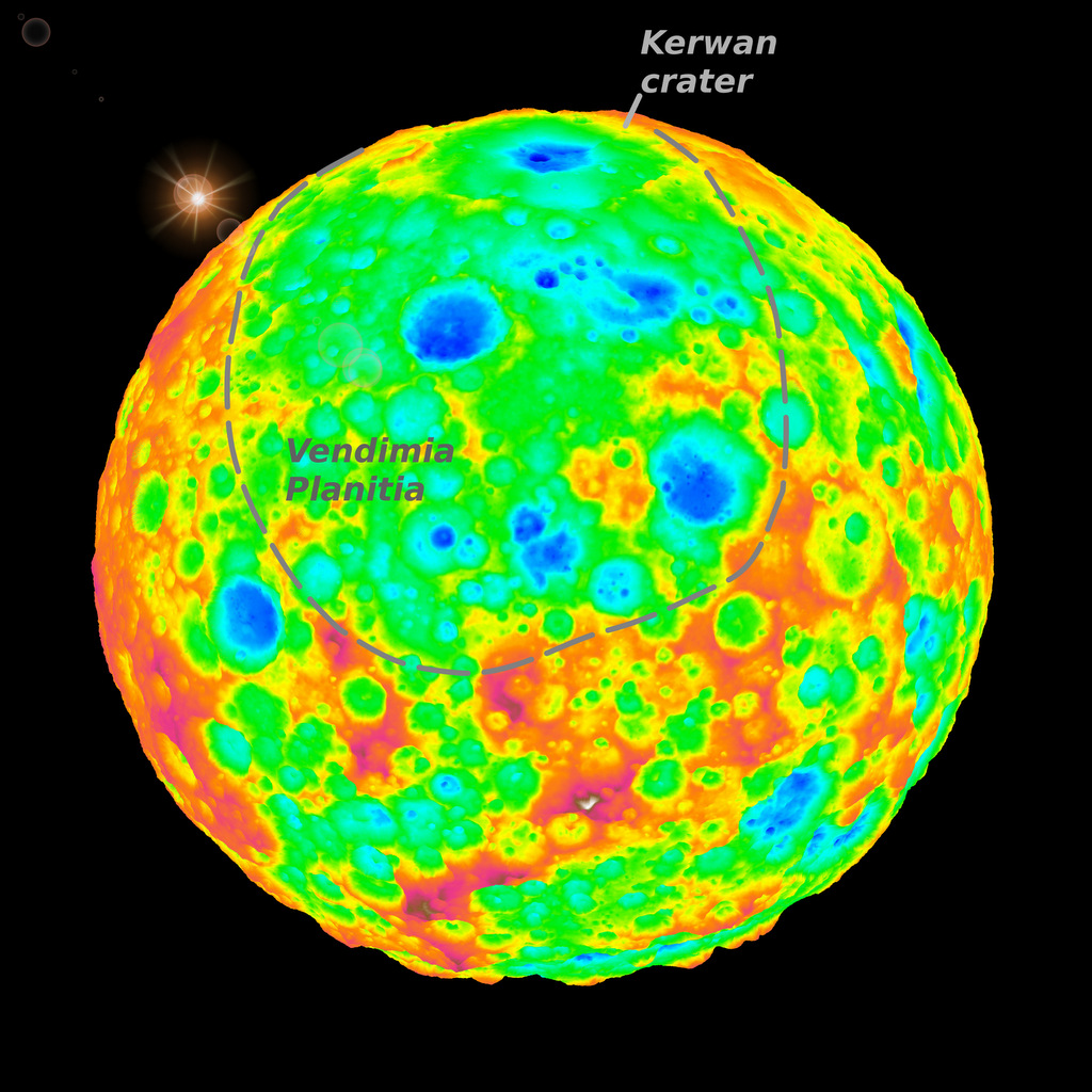 ภาพสีแปลงของดาวซีรีส ด้านบนของภาพคือหลุมเคอร์วิน ซึ่งเป็นหลุมอุกกาบาตที่ใหญ่ที่สุดบนซีรีส มีขนาด 280 กิโลเมตร ส่วนพื้นที่ในวงเส้นประคือแอ่งกว้างใหญ่ถึง 800 กิโลเมตร ลึก 4 กิโลเมตร มีชื่อว่า ที่ราบเวนดิเมีย แอ่งนี้แท้จริงแล้วอาจเป็นหลุมอุกกาบาตดึกดำบรรพ์ที่กำลังถูกกระบวนการทางธรณีวิทยาของซีรีสลบให้หายไป