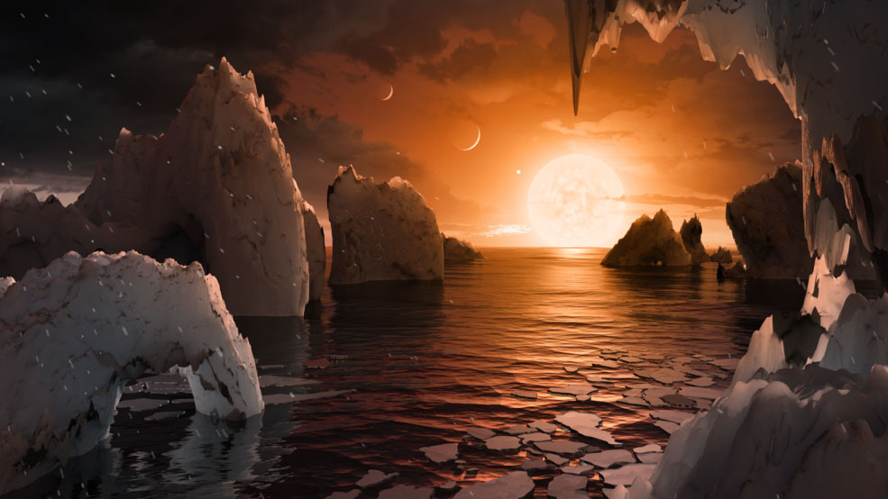 ภาพในจินตนาการของศิลปิน แสดงสภาพแวดล้อมบนดาว แทรปพิสต์-1 เอฟ ซึ่งเป็นดาวเคราะห์หนึ่งในเจ็ดดวงที่พบรอบดาวแทรปพิสต์-1 