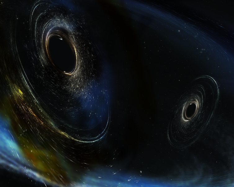 ภาพในจินตนาการของศิลปิน แสดงหลุมดำสองดวงที่มีแกนหมุนต่างทิศกันกำลังชนกันและหลอมรวมเป็นหลุมเดียว 