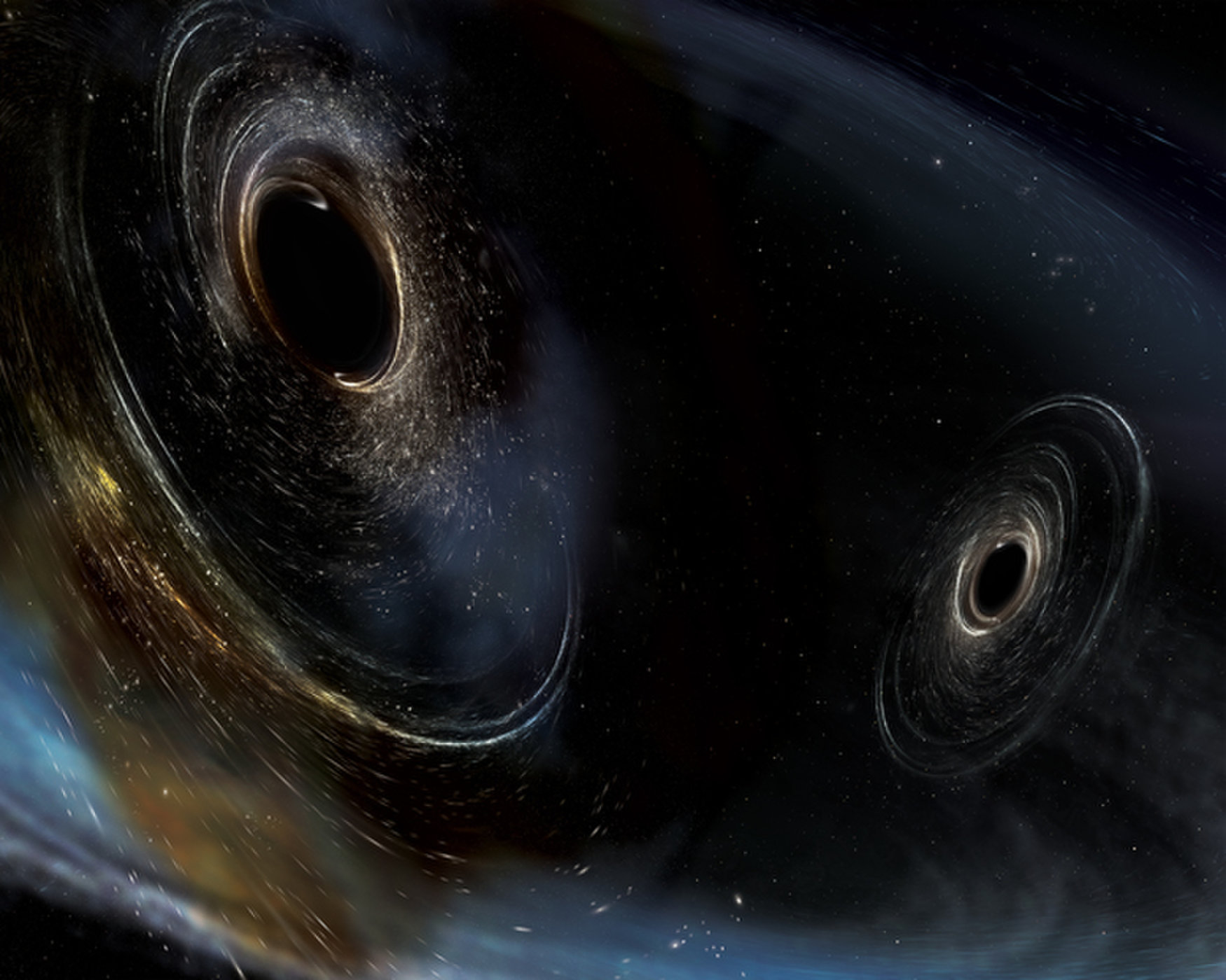 ภาพในจินตนาการของศิลปิน <wbr>แสดงภาพของหลุมดำสองดวงกำลังชนกัน <wbr><br />
<br />
