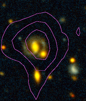 แผนที่แสดงการเกาะกลุ่มของไฮโดรเจนในกระจุกดาราจักร อาเบลล์ 2218 เส้นสีม่วงเป็นเส้นโครงแสดงความหนาแน่นของไฮโดรเจนซ้อนกับภาพดาราจักรที่ถ่ายในความถี่แสงขาว ดาราจักรรูปกังหันตรงกลางภาพดูเหมือนกับมีดาราจักรเล็ก ๆ เป็นบริวารอยู่ที่แขนของมันด้วย (ภาพจาก Martin Zwaan / Peter van Dokkum / Marc Verheijen)