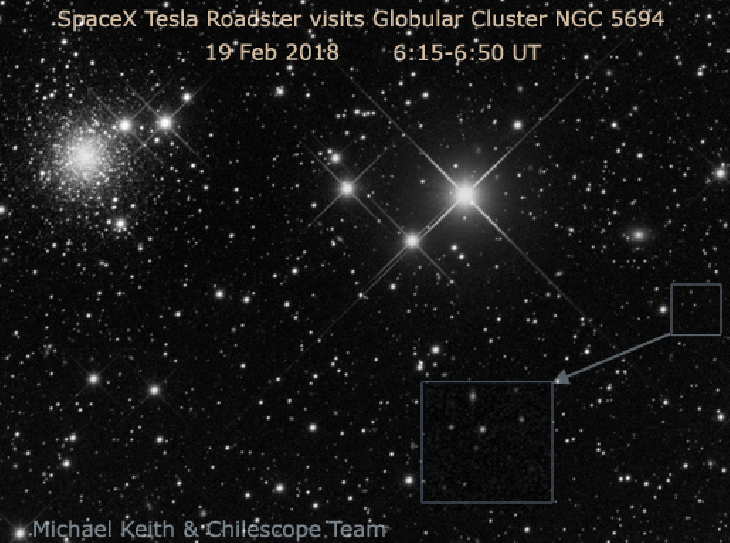 โรดสเตอร์ (ในวงกลม) ขณะผ่านใกล้กระจุกดาวเอ็นจีซี 5695 ถ่ายโดย ไมเคิล เคท ขณะนั้นโรดสเตอร์อยู่ห่างจากโลก 3.7 ล้านกิโลเมตร หรือไกลกว่าดวงจันทร์ถึง 10 เท่า! มีอันดับความสว่างเพียง 19.8 เท่านั้น