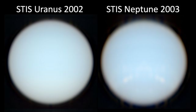ภาพดาวยูเรนัสและดาวเนปจูน หลังจากการประมวลผลภาพใหม่  ถ่ายโดยกล้องโทรทรรศน์อวกาศฮับเบิล